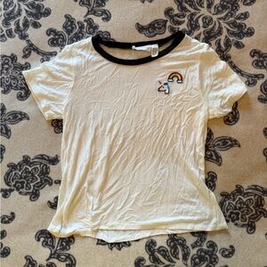 White Ringer Tee with Unicorn & Rainbow Patch
